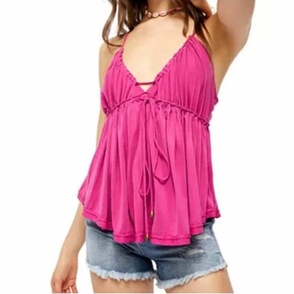Free People Ruched Magenta Halter Top – Size M, Soft Jersey Knit Boho Cami - Picture 3 of 14